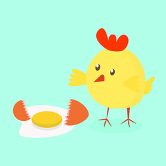 Vector cute chicken broking egg. Design for easter, card, postcard, hunt, print, pattern, textile, poster, banner, article, package