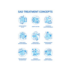 SAD treatment concept icons set. Mental health disorder idea thin line RGB color illustrations. Attention deficit. Feeling hopeless and worthless. Vector isolated outline drawings. Editable stroke