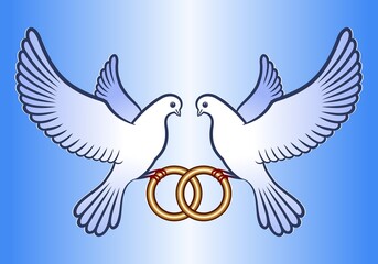 Two wedding doves.
Doves flying with wedding rings. Vector illustration.