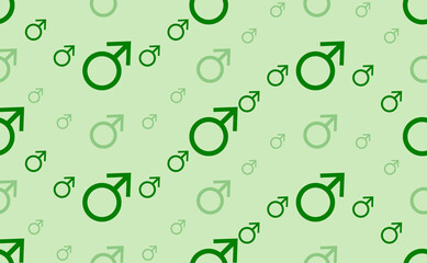Seamless pattern of large and small green mars symbols. The elements are arranged in a wavy. Vector illustration on light green background