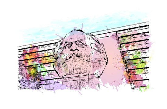 Building view with landmark of Chemnitz is a city in Saxony, eastern Germany. Watercolour splash with hand drawn sketch illustration in vector.
