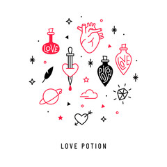 Fototapeta na wymiar Magic and mystical vector set. Illustration of a love drink, potion, poison and spell. Linear realistic heart icon. Stylish trendy doodles for love concept.