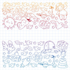 Kindergarten, toys vector pattern. Little children creativity and imagination. Online education, educational games.