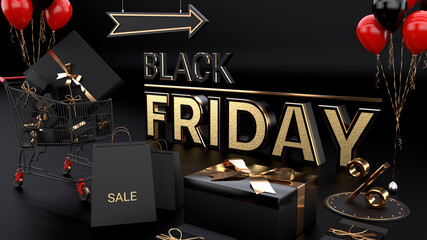 Black friday sale 3D. Background design, realistic dark gift boxes. Gold and black text, the discount up