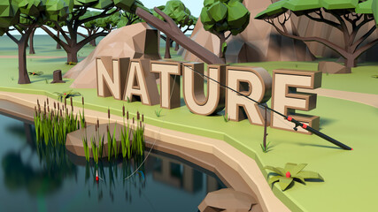 3D Nature Low poly land scene with popup trees and rocks.