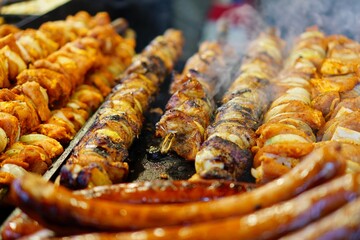 Food booth selling traditional Polish street food at a Christmas Market stall in Krakow, Poland. Traditional Polish street food.   