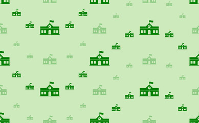 Seamless pattern of large and small green school building symbols. The elements are arranged in a wavy. Vector illustration on light green background