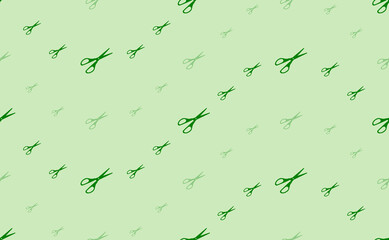 Seamless pattern of large and small green scissors symbols. The elements are arranged in a wavy. Vector illustration on light green background
