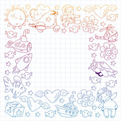 Kindergarten, toys vector pattern. Little children creativity and imagination. Online education, educational games.