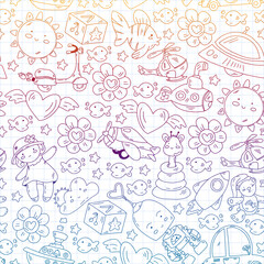 Kindergarten, toys vector pattern. Little children creativity and imagination. Online education, educational games.