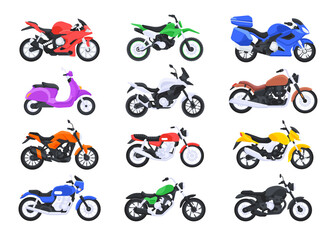 Motorbike set. Motorcycle and scooter, sport bike, enduro and chopper. Vector illustration