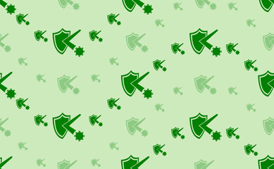 Seamless pattern of large and small green virus bounces off the shield symbols. The elements are arranged in a wavy. Vector illustration on light green background