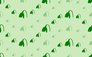 Seamless pattern of large and small green snowdrops. The elements are arranged in a wavy. Vector illustration on light green background