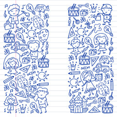 School, kindergarten with cute vector children. Dancing, singing, painting, online education. Creativity and imagination.