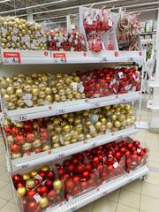 
Christmas decorations and balls in the supermarket