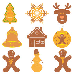 Christmas tree decoration cookies, snowflake, snowman, vector illustration