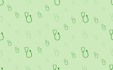 Seamless pattern of large and small green stethoscope symbols. The elements are arranged in a wavy. Vector illustration on light green background