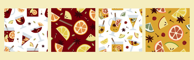 Christmas mulled wine with citrus fruit, apple, cinnamon, clove, cardamom, anise. Red and white wine, sangria, apple cider. Winter hot drink. Traditional xmas beverage. Vector cartoon seamless pattern - 393624210