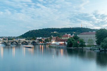 Fototapeta na wymiar Riverbank of Vltava in city center of Prague, Czech Republic.