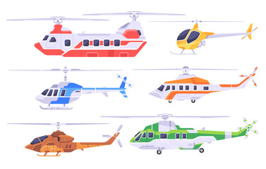 Set of helicopters. Civil and military, rescue and police helicopters. Vector flight transportation