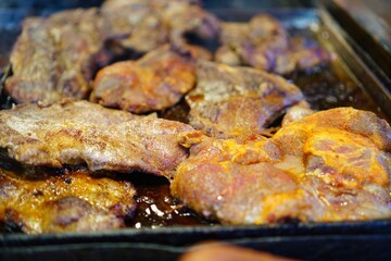 Food booth selling traditional Polish street food at a Christmas Market stall in Krakow, Poland. Traditional Polish street food.      