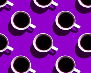 Cup of coffee with shadow on a purple background. Seamless pattern