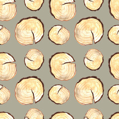 Semless watercolor pattern. Christmas print. Saw cut of a tree on a green-brown background. Cut a tree with a split.