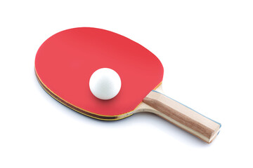 Ping pong ball resting on a table tennis bat paddle on white