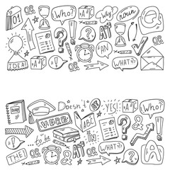 Doodle vector pattern. Illustration of learning English language. E-learning, online education in internet.