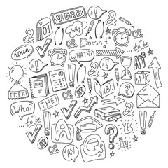 Doodle vector pattern. Illustration of learning English language. E-learning, online education in internet.