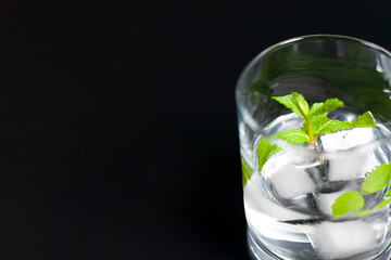 A glass with ice cubes and a sprig of mint on the right side of the screen.