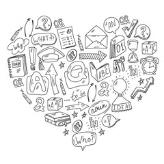 Doodle vector pattern. Illustration of learning English language. E-learning, online education in internet.