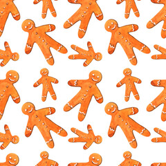 Watercolor christmas pattern. Christmas holidays. Winter holidays. New year 2021.Gingerbread man on a white background.