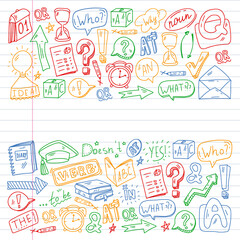 Doodle vector pattern. Illustration of learning English language. E-learning, online education in internet.