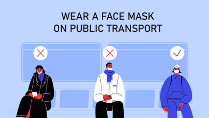 a person wearing a mask on the chin a person not covering the nose and a person wearing a mask properly seating on public transport. Flat illustration on how to wear a mask the right way