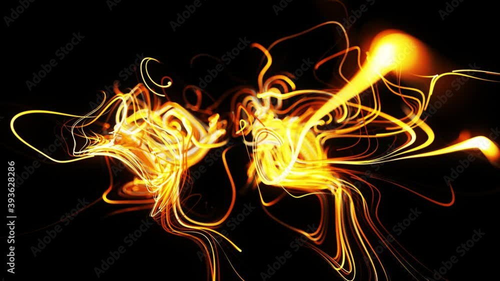 Poster flow of particles forms curled yellow lines like glow light trails, lines form swirling pattern like