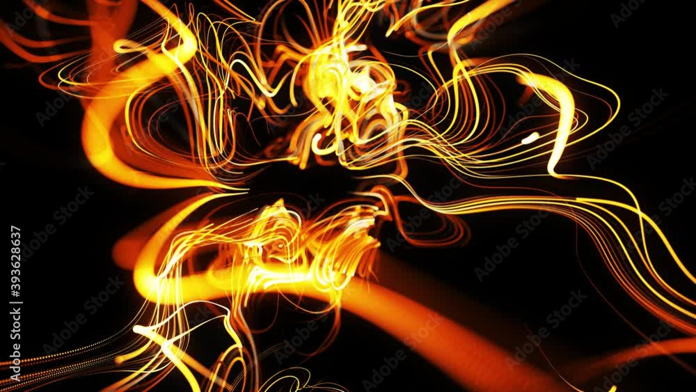 Poster flow of particles forms curled yellow lines like glow light trails, lines form swirling pattern like