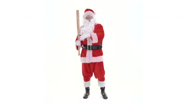 Santa Claus plays baseball bat. Santa swings, holds, beats baseball bat on white background