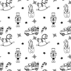 Seamless Christmas pattern with trucks, toys, nutcracker and holiday elements. Winter doodle background.