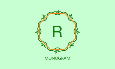 Elegant logo design with round leaves with the letter R on a light green background. Exquisite business sign template, identity card, label, restaurant, sign, shop.