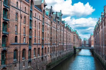 Old warehouses next to a canal in HafenCity, Hamburg, Germany