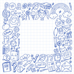 Back to school. Vector illustration with icons about education. English learning. Online internet courses.