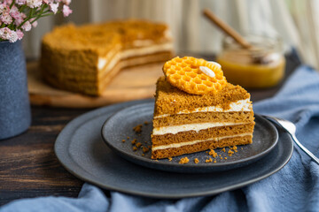 Layer Honey Cake with pastry cream filling with honeycomb and bee decor on grey plate, dark wooden table near window. Close up view, copy space. Organic homemade dessert.