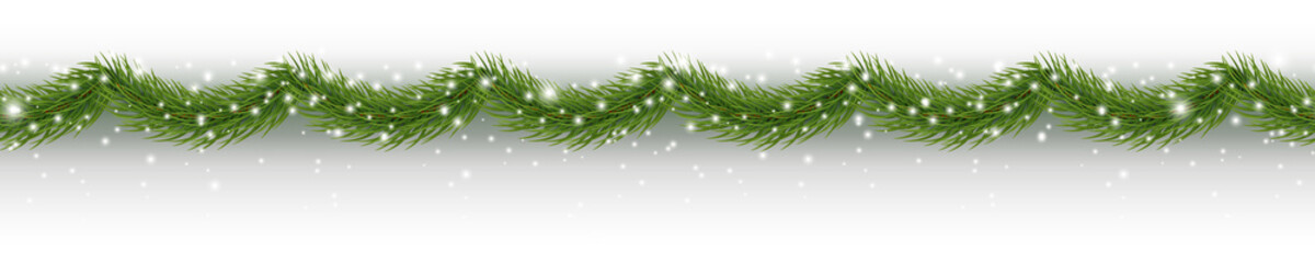 Border with green fir branches, snow isolated on white background. Pine, xmas evergreen plants seamless banner. Vector Christmas tree garland decoration © Kindlena