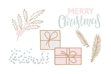 Christmas sketch set on white background. Gift boxes, evergreen branches, Holly Berry, Merry Christmas text. Hand drawn design for banner, flyer, brochure, card, poster. Winter holiday design.