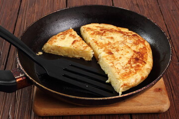 Cooking Spanish omelette in frying pan