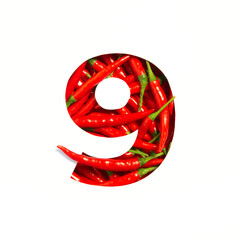 Number nine made of red chili pepper and paper cut in shape of ninth numeral isolated on white....