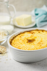 Chicken stuffing casserole in a baking dish. Space for text.