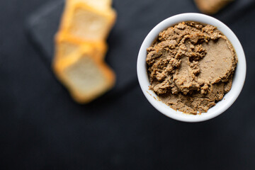 pate chicken liver or goose duck
healthy meal fresh tasty snack top view copy space food background 