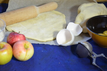 Various ingredients for winter seasonal baking and other recipes, honey, apples, herbs and spices on a dark blue background. Top view.